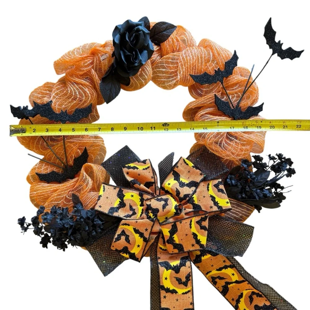 Halloween Orange & White Mesh Wreath with Black Flowers, Bats Ribbon Bow 20